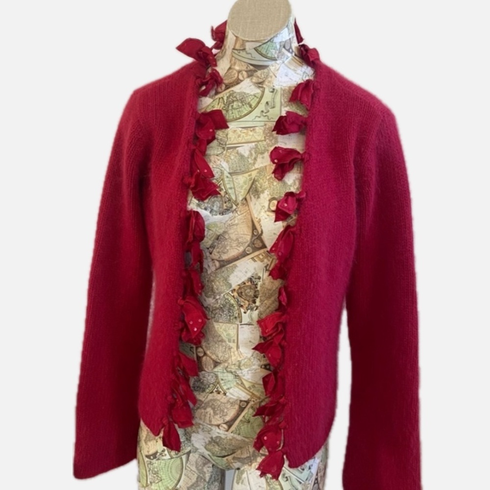 J Jill Wool + Rabbit Hair Red Cardigan with Ruffle Trim Small
